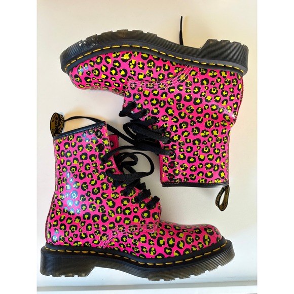 Dr Martens 1460 Neon Pink Lime Leopard Print Patent Leather Boots  Womens 6 - Picture 2 of 7